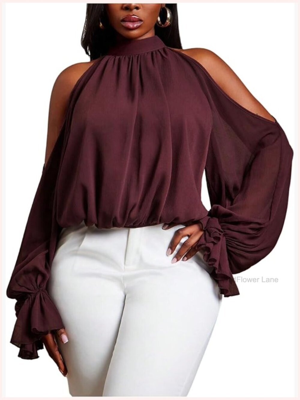 Plus Size Cold Shoulder Halter Top with Tie Back, Long Sleeve Dressy Blouse